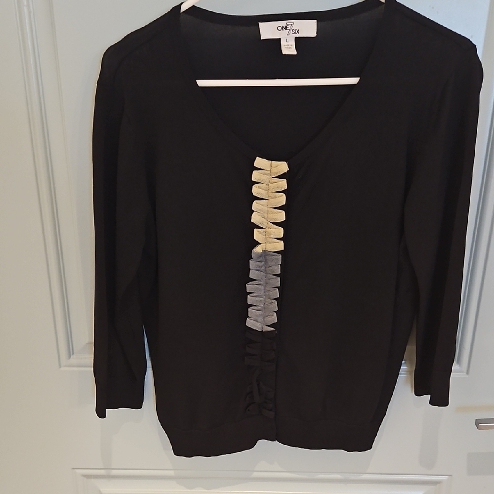 One 7 Six Black Cardigan with Ruffle Detail